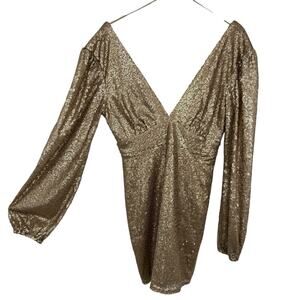 Altar'd State Gold Sequin Mini Dress size Medium Ballon Sleeve Deep V neck